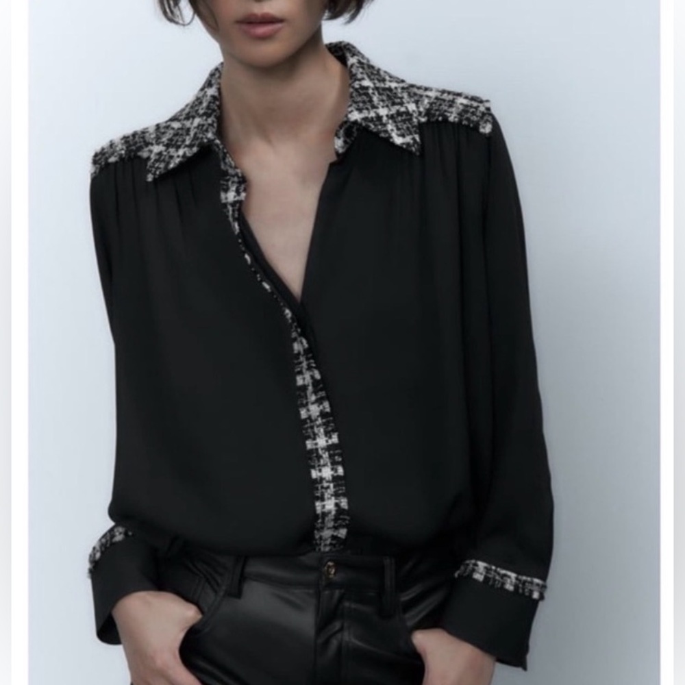 Zara black sheer top with tweed details